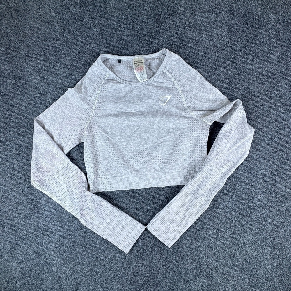 Gymshark Cropped Top Womens Medium Heather Gray Logo Raglan Sleeve Activewear